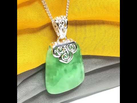 Stunning real jade necklace green sterling silver large cushion shaped, a mesmerising designed pendant