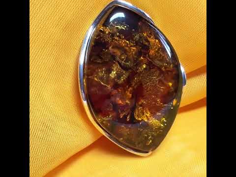 Large brooch real amber marquise shaped sterling silver