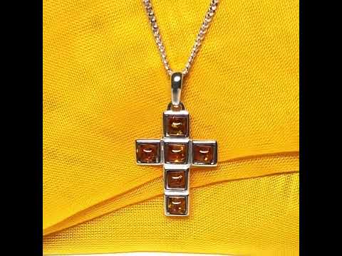 Real amber cross necklace sterling silver square pendant with chain