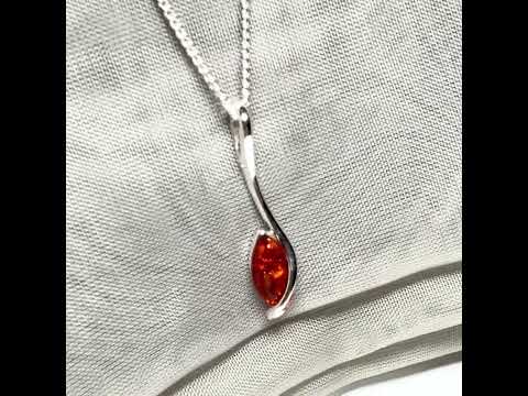 Sterling silver real amber marquise shaped necklace swirled pendant