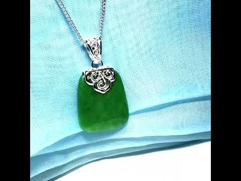 Pendant with a real green jade stone, large cushion shaped, a truly gorgeous necklace