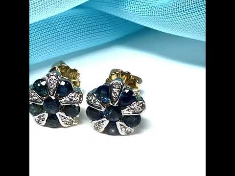 Real blue sapphire and real diamond round cluster stud earrings yellow gold