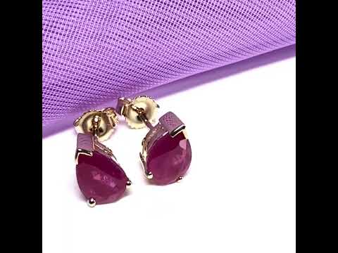 Real ruby yellow gold pear shaped stud earrings