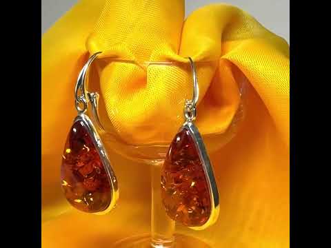 Video of audit of real amber drop earrings pear shape sterling silver continental wire fittings