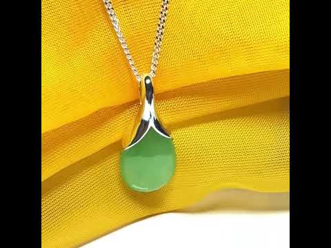Real green jade necklace in a teardrop shaped or pear shaped, stunning pendant