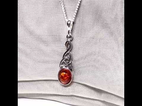 Real amber necklace sterling silver woven Celtic pendant oval amber