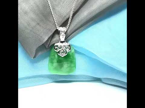 Real green jade necklace sterling silver large cushion shaped including a curb linked chain