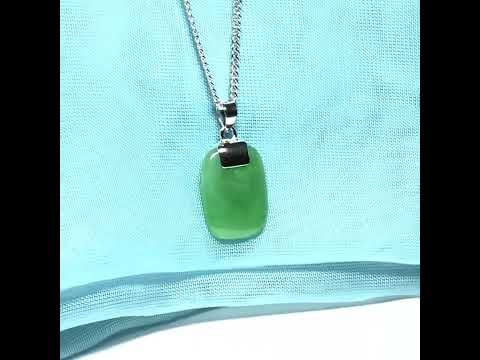 Real jade necklace cushion shaped green stone sterling silver including chain