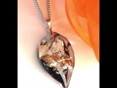 Necklace real Murano glass copper coloured oval leaf shaped pendant with a chain