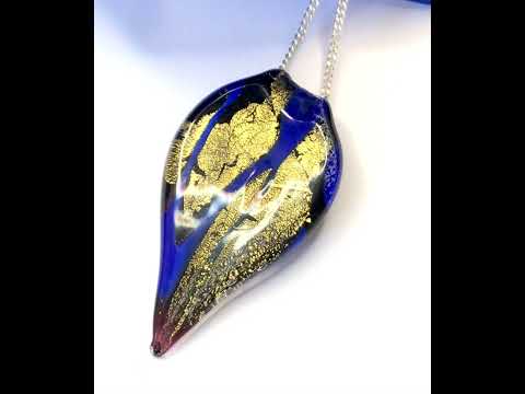 Video of a Small Blue And Gold Coloured Real Murano Glass Leaf Shape Pendant