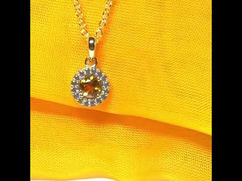 Round cluster shaped necklace set with a real citrine stone sterling silver gilt including chain