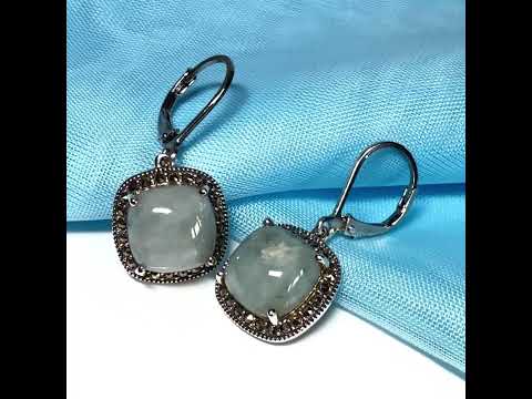 Green jade and marcasite silver cushion shaped drop earrings