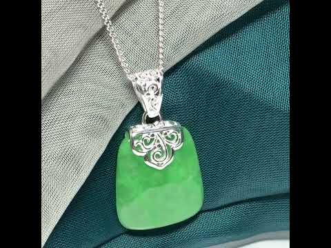 Real green jade necklace large cushion shaped with a solid silver curb chain included sterling silver, truly gorgeous