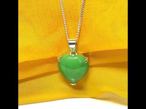Necklace heart shape sterling silver real green jade stone, a stunning pendant