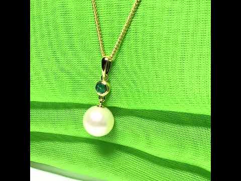 Real freshwater cultured pearl necklace and real emerald round drop pendant sterling silver with yellow gold plating