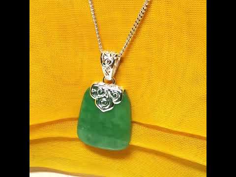 Real jade necklace green sterling silver large cushion shaped pendant, a truly stunning design