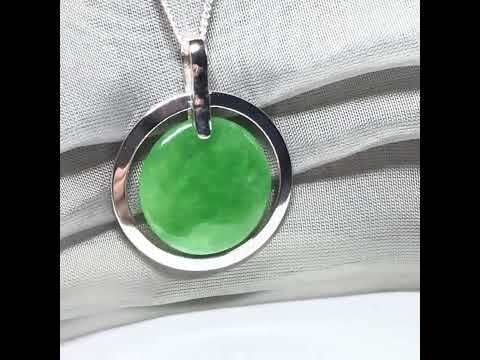 Large silver round shaped green real jade pendant halo designed necklace with chain