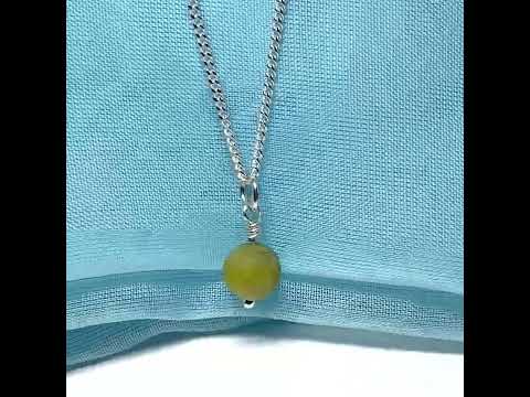 Small round real green gypsum necklace ball shaped pendant with chain 8.5 mm diameter
