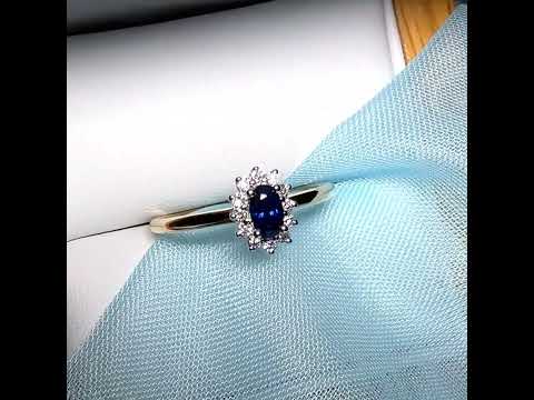 Oval Shaped Real Blue Sapphire and Diamond Yellow Gold Cluster Ring