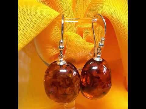 Pair of real amber drop earrings oval shaped sterling silver hooks