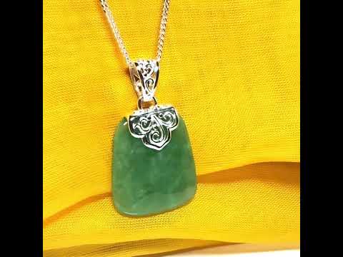 Real jade necklace green sterling silver large cushion shaped, with a timeless stunning designed with chain