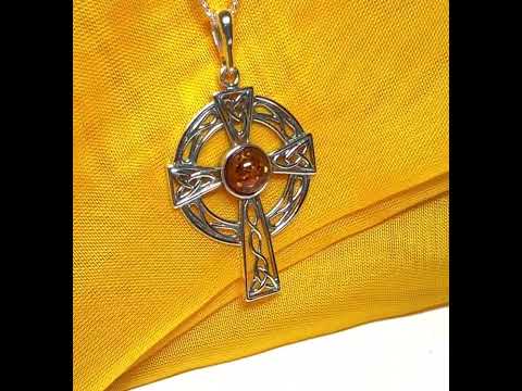 Real amber sterling silver Celtic cross including chain
