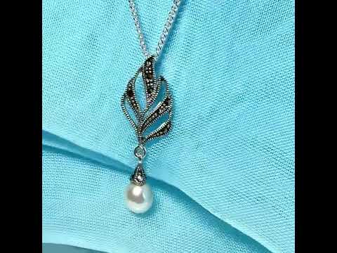 Necklace real marcasite and real freshwater cultured pearl leaf shape sterling silver pendant