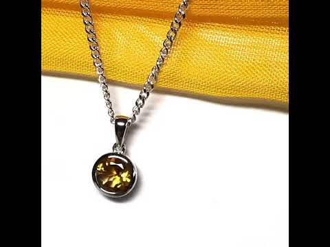 Yellow real round citrine necklace sterling silver pendant, simply gorgeous smooth rubbed over setting