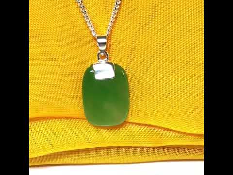 Real green jade pendant necklace cushion shaped silver with a solid chain included, stunning gorgeous