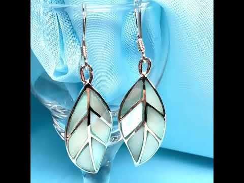 Real Mother of Pearl drop earrings light blue leaf shaped sterling silver