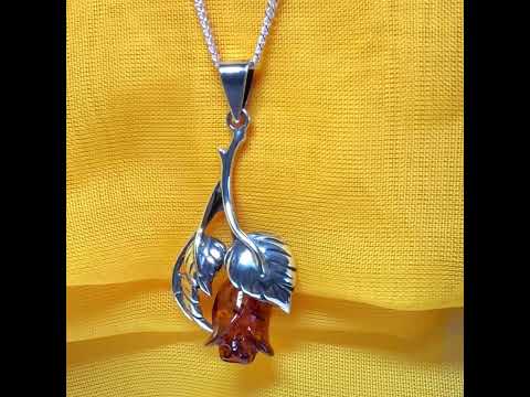 Amber rose shaped necklace sterling silver
