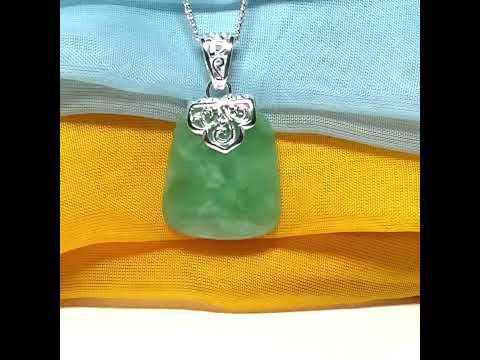 Real green jade necklace sterling silver large cushion shaped pendant