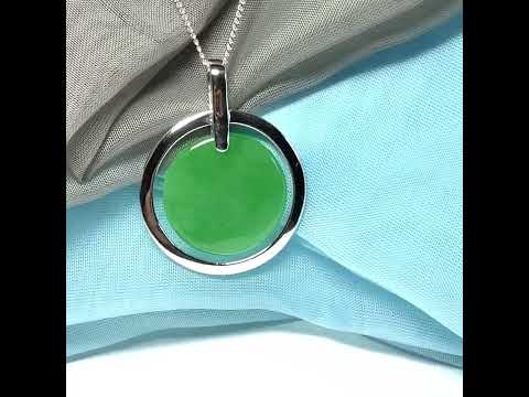 Large round necklace sterling silver green real jade halo style pendant