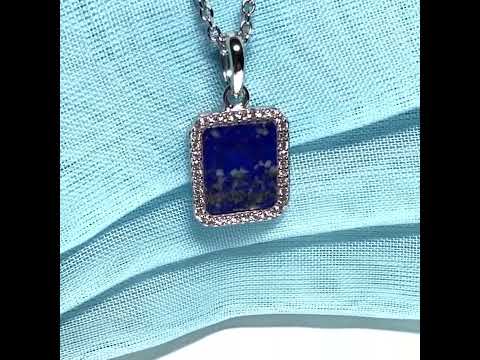 Video of a Lapis lazuli and cubic zirconia blue green square necklace sterling silver with chain