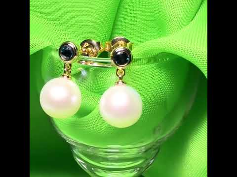 Pair of real freshwater cultured pearl and real sapphire round drop earrings sterling silver with yellow gold plating