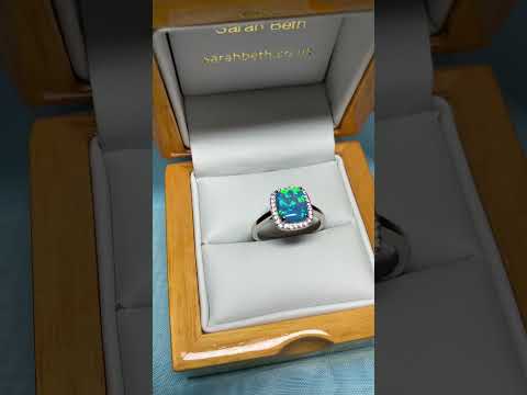 Blue opal ring cluster square sterling silver cubic zirconia