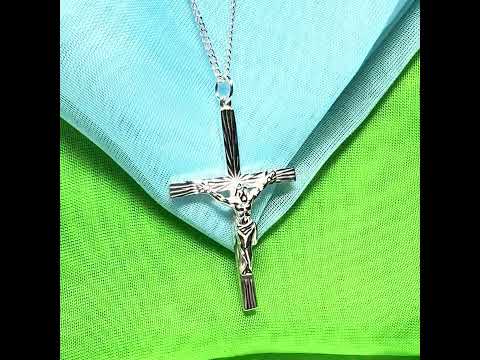 Large crucifix with bark effect diamond cut solid sterling silver cross necklace with chain