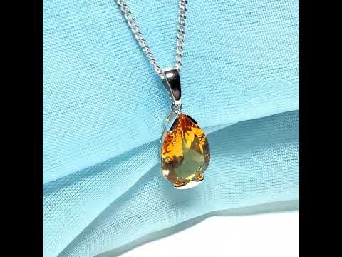 Large real yellow citrine necklace pear shaped white gold teardrop pendant with a chain