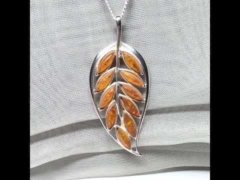 Real amber leaf necklace pendant sterling silver