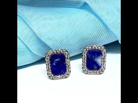 Video of a pair of lapis lazuli and cubic zirconia blue green square stud earrings sterling silver