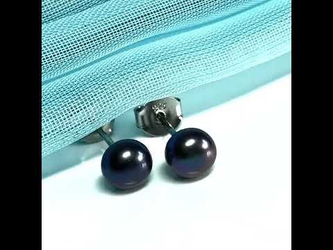 Real cultured freshwater grey black pearl earrings sterling silver 5.5 mm