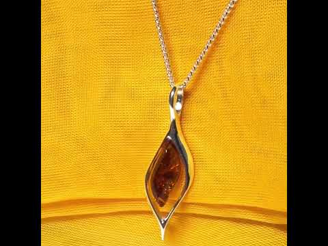 Real amber necklace sterling silver open twisted marquise shaped pendant With a chain