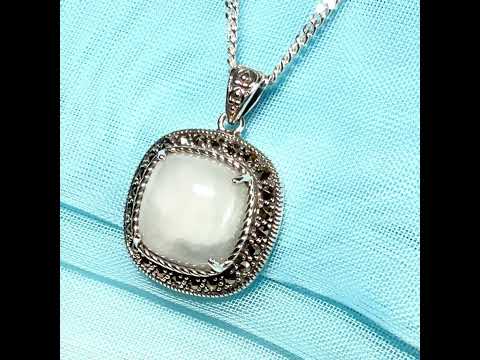 Cushion shaped silver green real jade and marcasite necklace pendant with chain