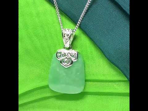 Real jade necklace green sterling silver large cushion shaped, a trendsetting design with a chain