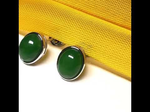 Pair of real green jade white gold oval stud earrings