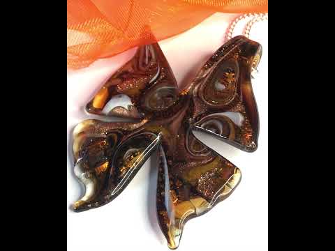 Large real Murano glass butterfly shaped necklace copper coloured pendant sterling silver