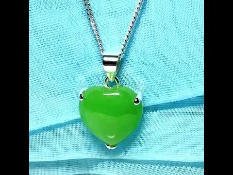 Real green jade necklace heart shaped sterling silver with chain