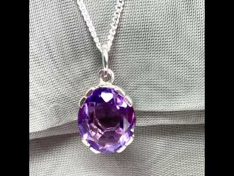 Large real purple amethyst necklace sterling silver with chain