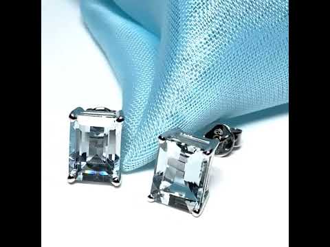 Real aquamarine earrings stud square cut white gold