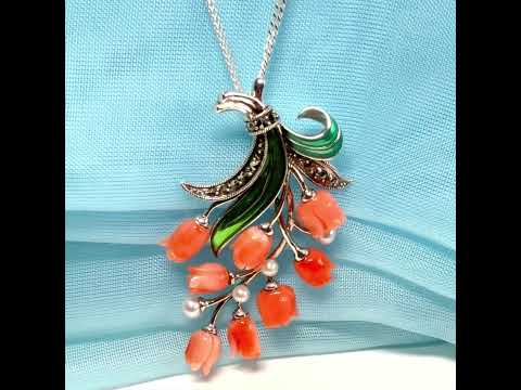 Large coral and real freshwater pearl necklace spray floral designed pendant